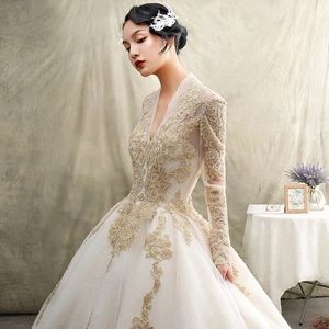 V Neck Lace Long Sleeve Beige Wedding Gown gold